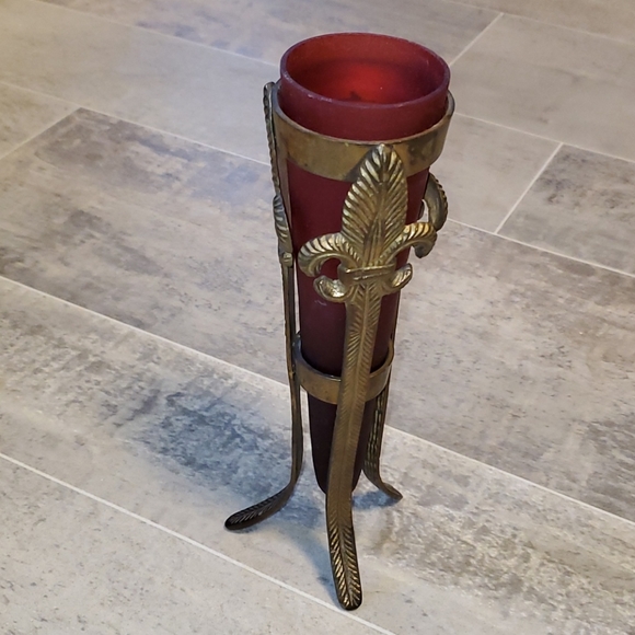 Vintage Brass Fleur-de-lis Frosted Red Vase